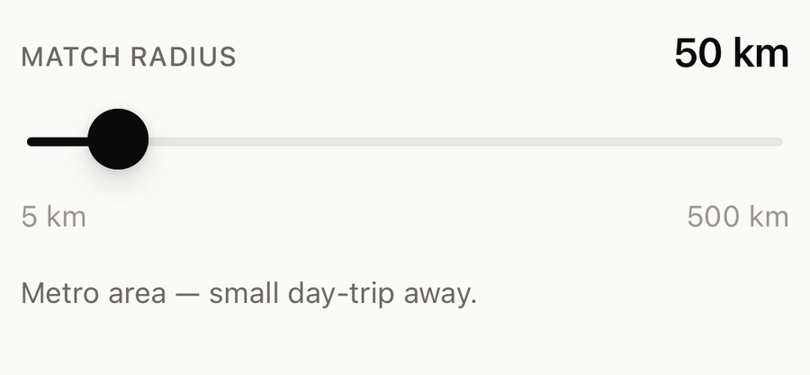 Heretoo match radius set to 50 km, a metro-area day trip